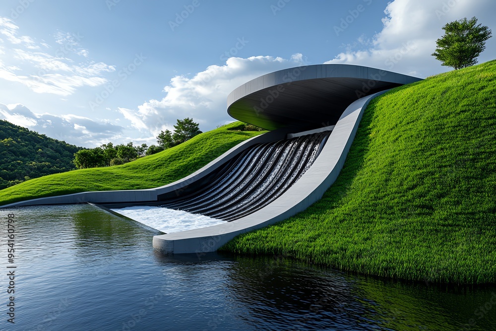 Poster Cost-effective hydropower and clean energy are highlighted in a minimalist design of a streamlined dam with a flowing river