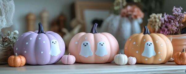 Obraz premium a pink, purple, orange, and white painted pumpkin with a ghost face, hearts, and stars drawn on it in pastel colors. fun Halloween themed party decorations