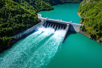 Cost-effective hydropower and green energy are captured in a realistic photo of a dam harnessing the power of a rushing river