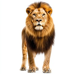 A lion stands in front of a white background