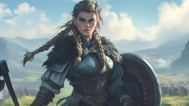 fierce dwarven shieldmaiden with braided hair and intricate armor standing defiantly on a battlefield surrounded by mountains and cloudy skies