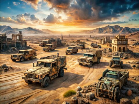 apocalyptic desert wastelands abandoned military convoys worn camouflage uniforms rugged off-road vehicles cryptic mysterious navigation devices eerie abandoned research facilities