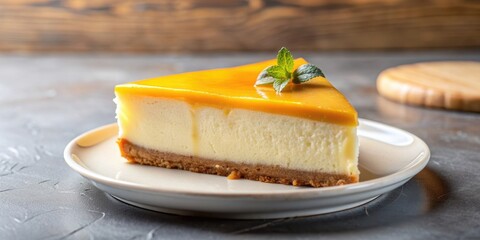 Delicious slice of cheese cake topped with melted cheese, dessert, indulgent, sweet, creamy, gourmet