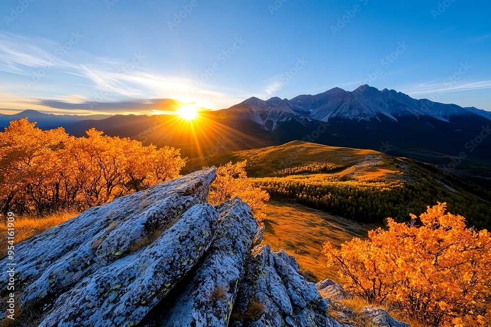 Poster enchanting autumn gold, sunlight, and mountains depicted in a mountain range where the golden light 