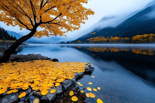 Enchanting Autumn Mysterious, Fog, and Riverside visualized in a riverside scene where the fog creates an atmosphere of mystery, with the autumn leaves adding color and contrast to the misty