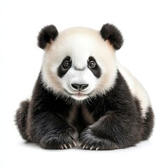 Naklejka premium A baby panda bear is sitting on its back legs and looking at the camera