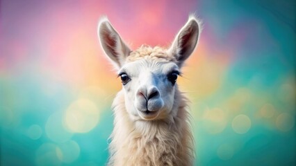 Fototapeta premium Cute llama with a sweet face on a pastel background , llama, cute, face, animal, pastel, background, adorable, fluffy, pet, sweet