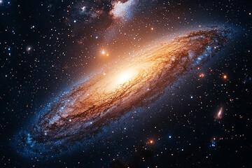 Fototapeta premium A view from a telescope showing the Andromeda Galaxy colliding with the Milky Way, representing future cosmic events on a grand scale. Concept of galactic collisions and cosmic future.