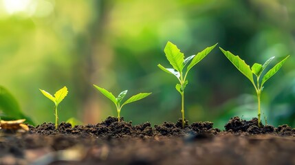 Fototapeta premium Four green seedlings growing in soil with blurred green background.