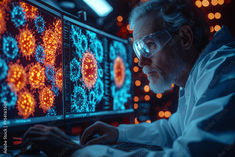Poster a researcher working with a computer model to simulate virus behavior and predict outbreaks, illustr