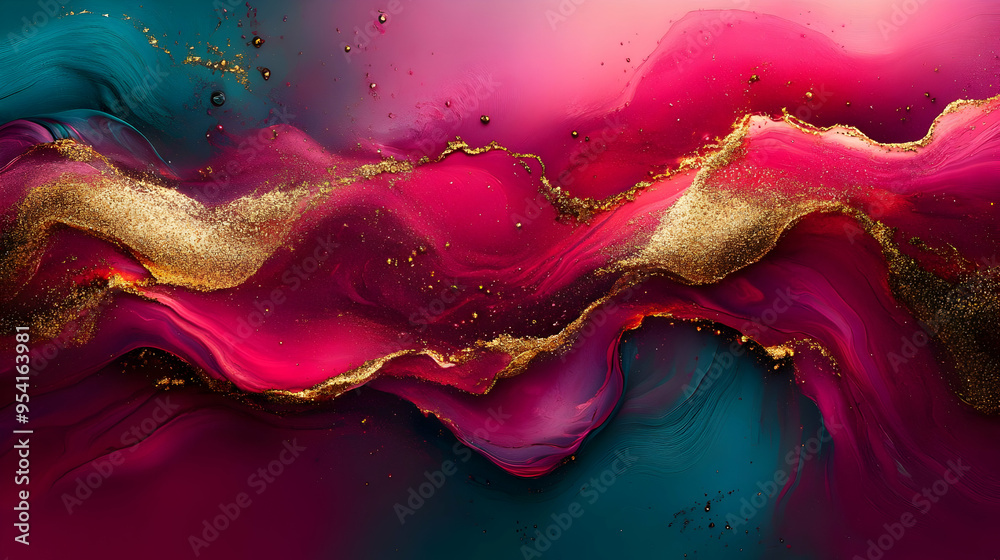 Poster Abstract liquid gold paint texture with pink and teal fluid swirls.