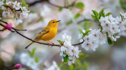 Yellow Warbler Perched on a Branch of Blossoming Tree