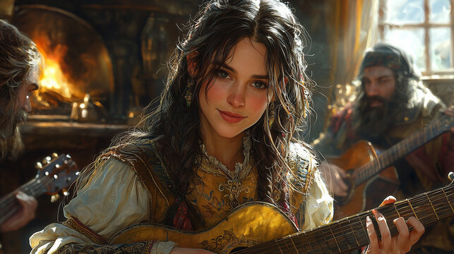 graceful human bard performing with a lute in a warm, inviting tavern with a roaring fire in the background