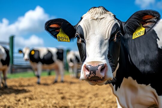Farm Cow Holstein, Milking Parlor, and Farmer visualized in a busy milking parlor where a farmer tends to Holstein cows as they are milked, with equipment and machinery in the background