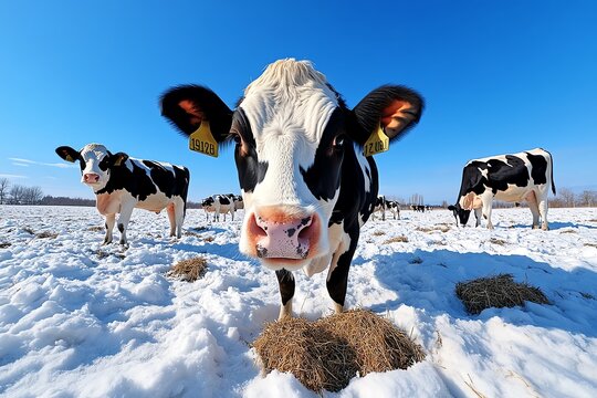 Farm Cow Holstein, Grazing, and Winter shown in a winter landscape where Holstein cows graze on hay spread across the snow-covered field