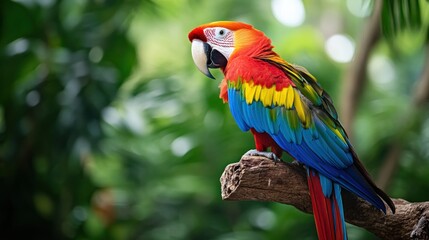 Scarlet Macaw Perched on a Branch in Lush Green Foliage