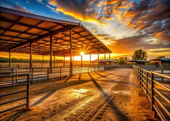 Fototapeta premium Empty rural livestock show arena warm sunset light nostalgic mood forgotten memories rural decay peaceful atmosphere natural beauty