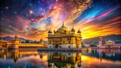 golden temple stunning architecture under vibrant colorful night sky with majestic mountains in background warm golden light dynamic composition energetic mood