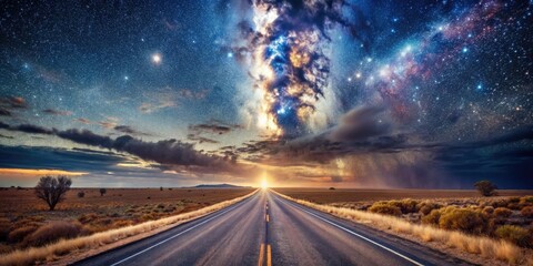 Naklejka premium serene surreal landscape where speckles of stardust rain down on a dusty forgotten highway under a celestial twilight sky