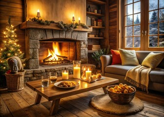 cozy winter evening rustic wooden decor crackling fireplace warm lighting comforting food rich textures soft pastel colors quiet solitude peaceful atmosphere