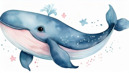 Fototapeta premium Cute whale watercolor clipart.