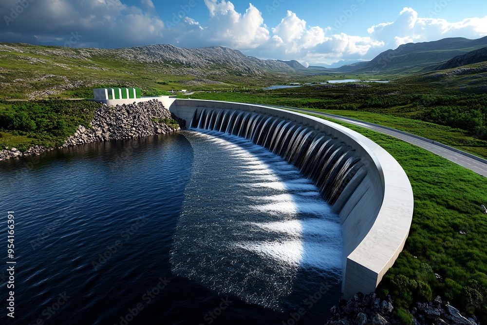 Poster Hydropower and renewable resource management are featured in a minimalist design of a streamlined dam with flowing water