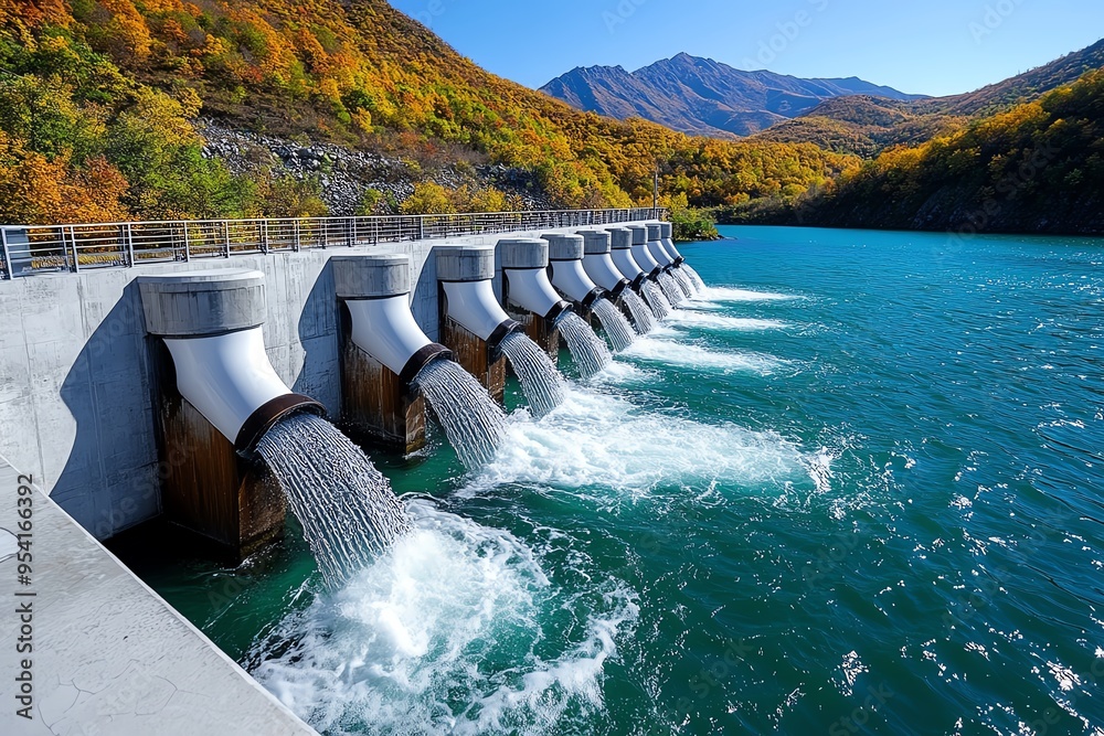 Poster hydropower and renewable resource management are featured in a minimalist design of a streamlined da