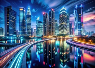Fototapeta premium architectural fantasy futuristic glowing neon metropolis nightscapes cityscape dark rooftops gleaming skyscrapers towering reflections vibrant glowing lights streaking car trails