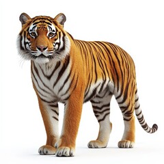 Fototapeta premium A tiger stands on a white background, looking directly at the camera