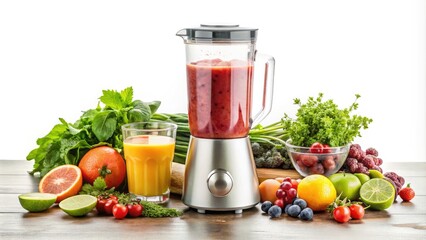 Modern Blender On A White Background With A Glass Of Healthy Freshly Made Smoothie And Scattered Ingredients