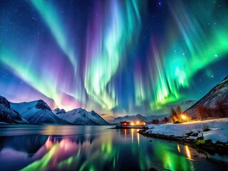 stunning aurora borealis display with shimmering curtains of light, starry night sky, and a serene landscape, mesmerizing and otherworldly atmosphere
