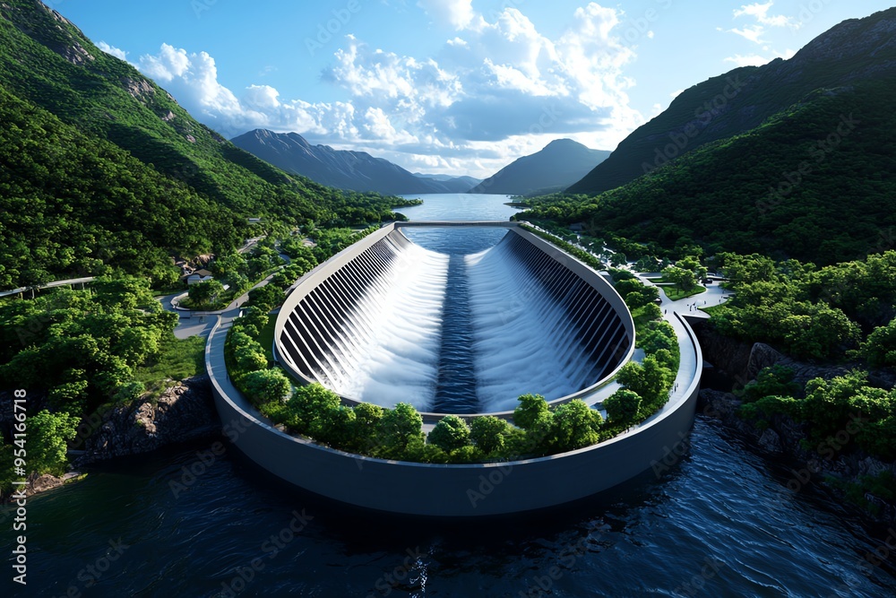 Aufkleber Hydropower innovation and structural design are highlighted in a futuristic design of a high-tech dam with advanced turbines