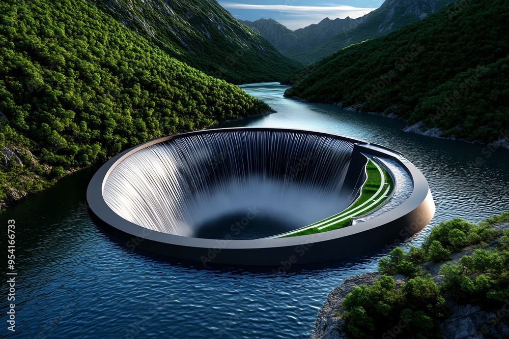 Aufkleber Hydropower optimization and advanced engineering are captured in a futuristic illustration of a modern dam with cutting-edge technology