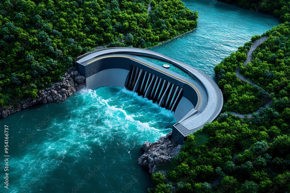 Poster Hydropower innovation and structural design are highlighted in a futuristic design of a high-tech dam with advanced turbines