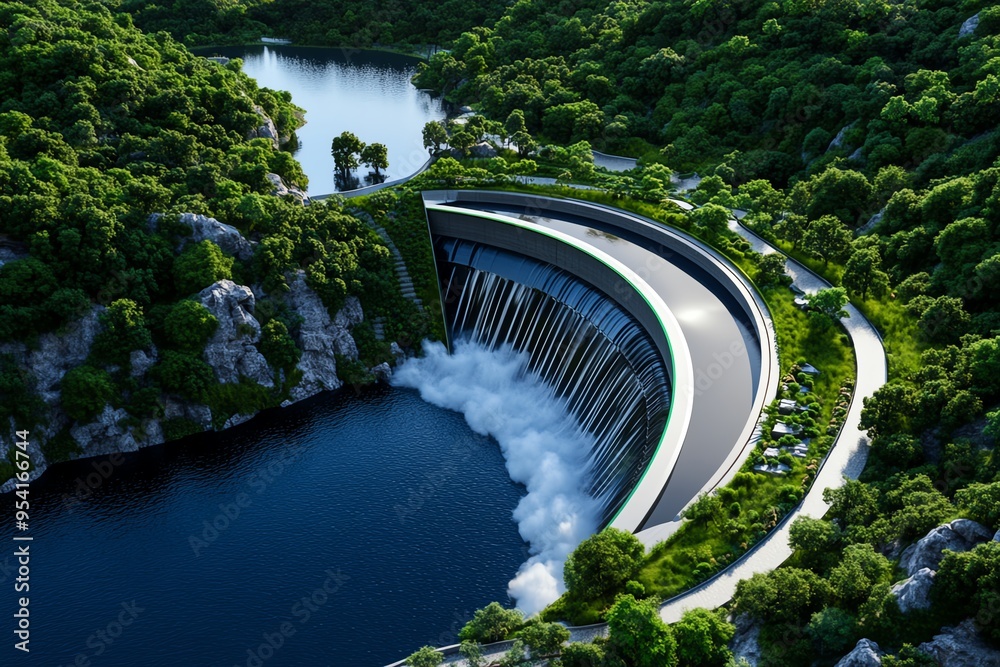Poster Hydropower optimization and advanced engineering are captured in a futuristic illustration of a modern dam with cutting-edge technology