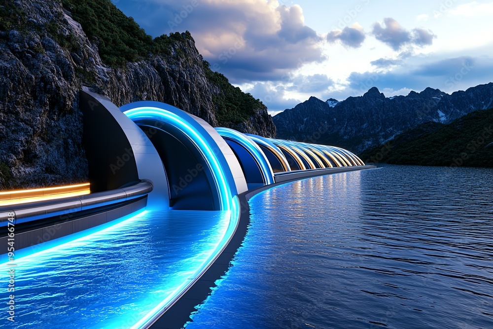 Poster Hydropower optimization and cutting-edge engineering are featured in a futuristic illustration of a high-tech dam with advanced turbines