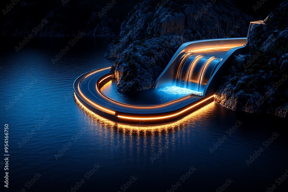 Aufkleber Hydropower optimization and cutting-edge engineering are featured in a futuristic illustration of a high-tech dam with advanced turbines
