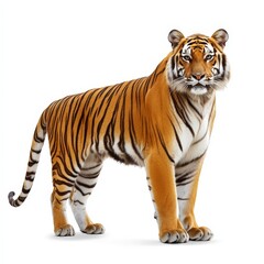 Obraz premium A tiger stands on a white background, looking directly at the camera
