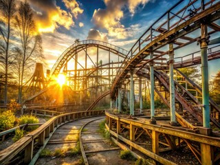 Naklejka premium abandoned amusement park rickety rollercoaster wooden structures vibrant peeling paint colors nostalgia melancholy mood rich textures warm golden light afternoon sun