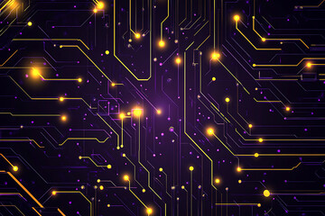 Fototapeta premium Abstract representation of a circuit board with glowing neon lines and geometric patterns against a dark background. The image evokes a high-tech, futuristic feel with ample copy space 
