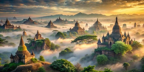 dreamy fragments of forgotten stone cities amidst lush morning mist