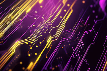 Obraz premium Abstract representation of a circuit board with glowing neon lines and geometric patterns against a dark background. The image evokes a high-tech, futuristic feel with ample copy space 