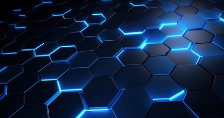 A futuristic hexagonal pattern with glowing blue lines on a dark background.