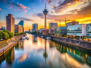 Naklejka premium Modern cityscape of Düsseldorf's vibrant MedienHafen district at sunset, featuring sleek glass skyscrapers, bustling