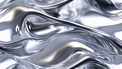 Abstract liquid metal texture with reflective surface, creating a modern and futuristic aesthetic in silver and chrome tones.