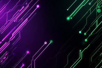 Obraz premium Abstract representation of a circuit board with glowing neon lines and geometric patterns against a dark background. The image evokes a high-tech, futuristic feel with ample copy space 