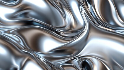 Abstract metallic liquid texture in silver tones, creating a mesmerizing and fluid reflective surface for modern designs.