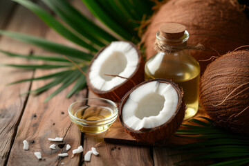 Coconut oil in a glass bottle on wooden table with grass background