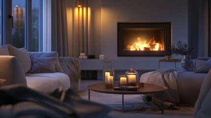 Cozy Modern Living Room with Fireplace and Candles Creating a Warm Ambiance in the Evening