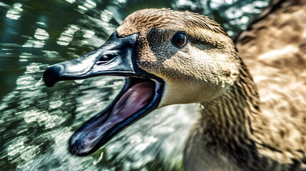 The Goose's Mighty Gape: A close-up encounter with a goose, showcasing its impressive beak wide open against a blurred natural background. 